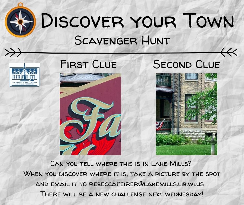 Can you tell where this is in Lake Mills?  When you discover where it is, take a picture by the spot and email it to rebeccafeirer@lakemills.lib.wi.us   There will be a new challenge next wednesday!