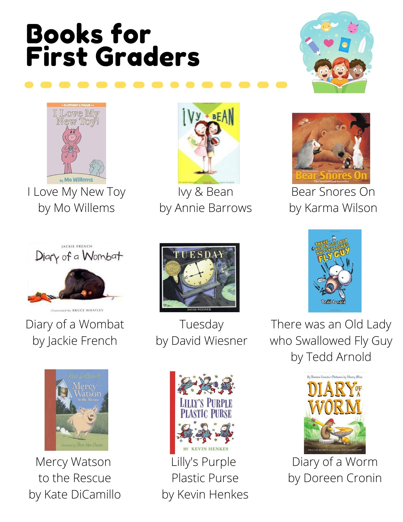 Books for First Graders: I Love My New Toy by Mo Willems. Ivy & Bean by Annie Barrows. Bear Snores On by Karma Wilson. Diary of a Wombat by Jackie French. Tuesday by David Wiesner. There was an Old Lady who Swallowed Fly Guy by Tedd Arnold. Mercy Watson  to the Rescue by Kate DiCamillo. Lilly's Purple  Plastic Purse by Kevin Henkes. Diary of a Worm by Doreen Cronin. Truman by Jean Reidy. Carmela Full of Wishes by Matt de la Pena. Creepy Pair  of Underwear! by Aaron Reynolds. Rainbow Weaver by Linda Elovitz Marshall. Frank and Bean by Jamie Michalak. The Legend of Rock, Paper, Scissors by Drew Daywalt. Charlie & Mouse by Laurel Snyder. King & Kayla by Dori Hillestad Butler. Rabbit & Bear by Julian Gough. Day and Night by Shira Evans. A Big Mooncake for Little Star by Grace Lin. Grumpy Monkey by Suzanne Lang.