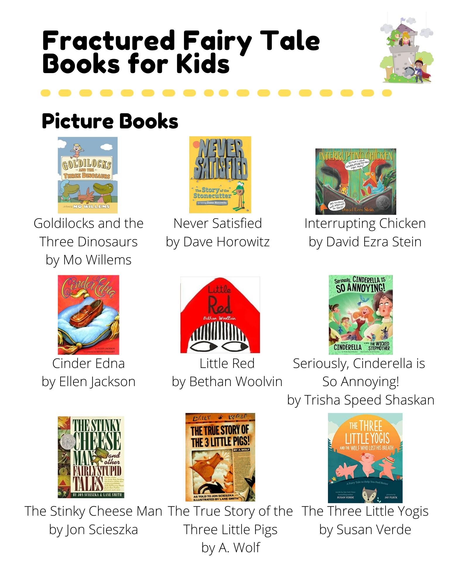 Fractured Fairy Tales: Picture Books: Goldilocks and the Three Dinosaurs by Mo Willems. Never Satisfied by Dave Horowitz. Interrupting Chicken by David Ezra Stein. Cinder Edna by Ellen Jackson. Little Red by Bethan Woolvin. Seriously, Cinderella is  So Annoying! by Trisha Speed Shaskan. The Stinky Cheese Man by Jon Scieszka. The True Story of the Three Little Pigs by A. Wolf. The Three Little Yogis by Susan Verde. Chapter Books: Rump  by Liesl Shurtliff. The Fairy Tale Detectives by Michael Buckley. Rapunzel's Revenge by Shannon and Dean Hale. Flunked by Jen Calonita. Breadcrumbs by Anne Ursu. The Wishing Spell by Chris Colfer. Easy Reader Books: Little Red Riding Duck by Charlotte Guillain. It's Not About the Apple by Veronika Charles. The Poodle and the Pea by Charlotte Guillain.