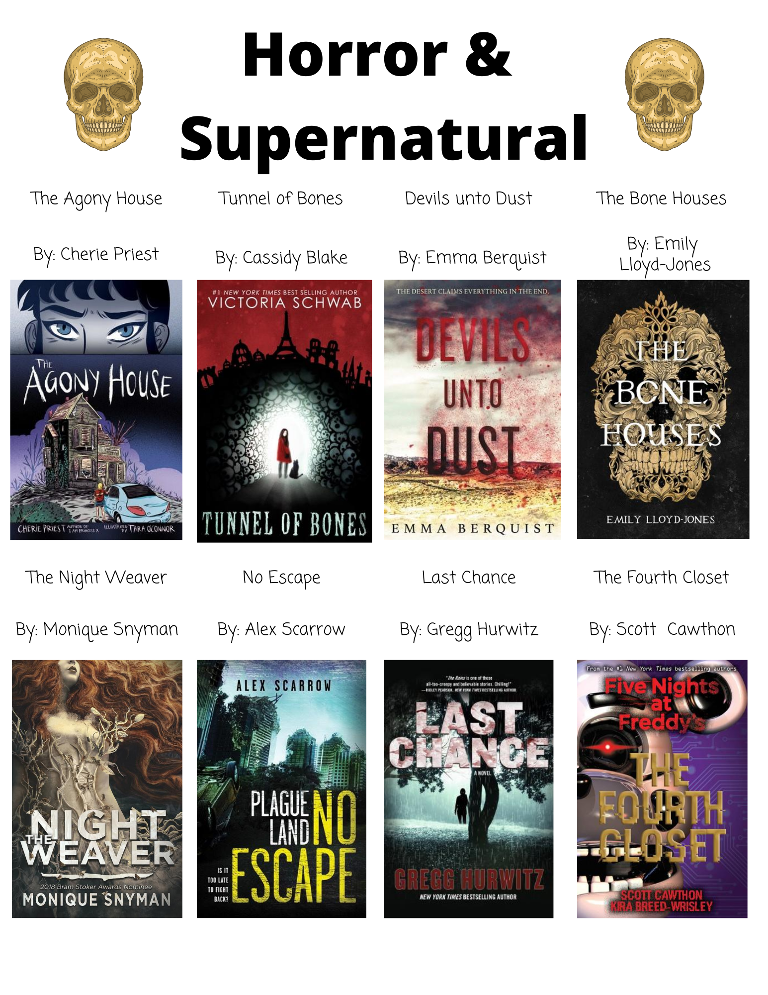 Horror &  Supernatural The Agony House By: Cherie Priest Tunnel of Bones By: Cassidy Blake  Devils unto Dust By: Emma Berquist The Bone Houses By: Emily  Lloyd-Jones The Night Weaver By: Monique Snyman No Escape By: Alex Scarrow Last Chance By: Gregg Hurwitz The Fourth Closet By: Scott  Cawthon Drop Dead Gorgeous  By: R.L. Stine  Cold as Marble By: Zoe Aarsen Wilder Girls By: Rory Power  Remember Me By: Chelsea Bobulski  Open Mic Night at Westminster Cemetery  By: Mary Amato  Out of Salem  By: Hal Schrieve  The Fade  By: Demitria Lunetta  The Haunted  By: Danielle Vega 