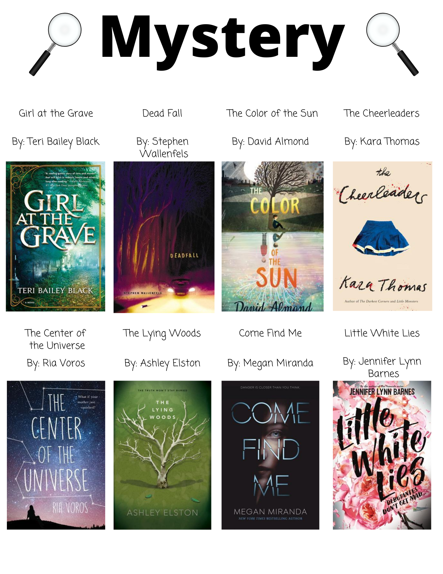 Mystery Girl at the Grave By: Teri Bailey Black Dead Fall By: Stephen  Wallenfels The Color of the Sun By: David Almond The Cheerleaders By: Kara Thomas The Center of  the Universe By: Ria Voros The Lying Woods By: Ashley Elston Come Find Me By: Megan Miranda Little White Lies By: Jennifer Lynn  Barnes  The Lonely Dead By: April Henry  The Missing Season By: Gillian French Sadie By: Courtney Summers Swipe Right  for Murder By: Derek Milman Spin By: Lamar Giles You Owe Me  a Murder By: Eileen Cook We Regret to  Inform You  By: Ariel Kaplan Hiding By: Henry Turner