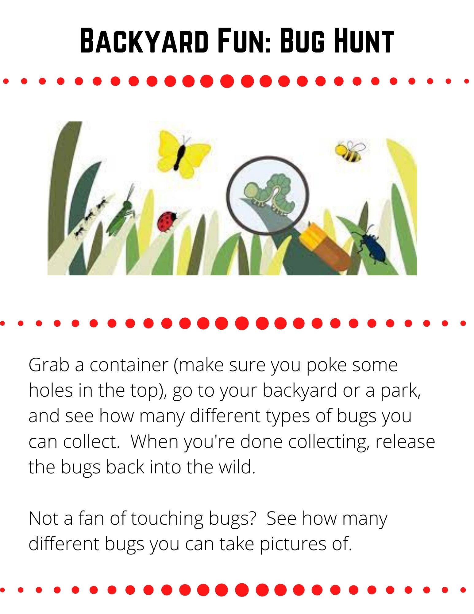 Backyard Fun: Bug Hunt. Grab a container (make sure you poke some holes in the top), go to your backyard or a park, and see how many different types of bugs you can collect.  When you're done collecting, release the bugs back into the wild.  Not a fan of touching bugs?  See how many different bugs you can take pictures of.
