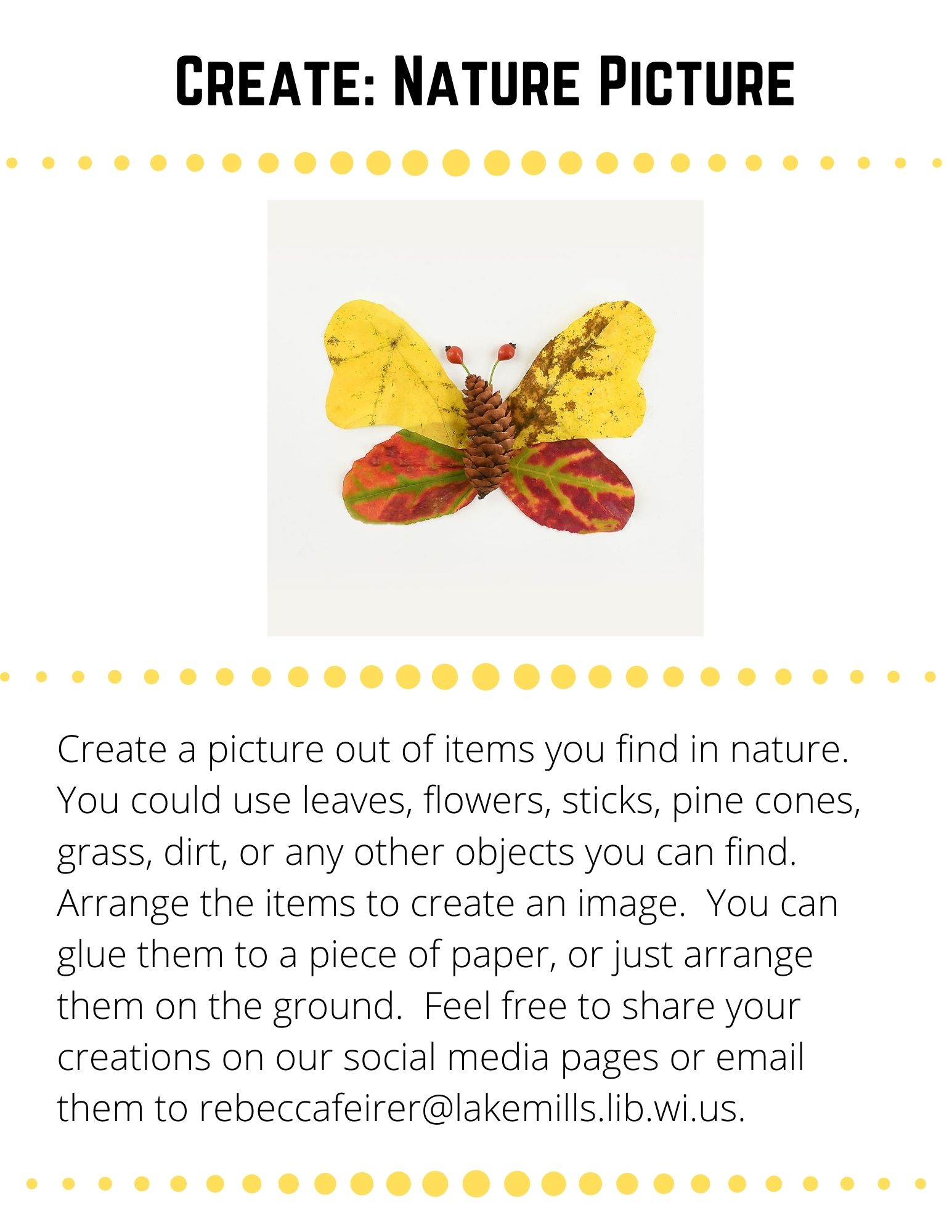 Create: Nature Picture: Create a picture out of items you find in nature.  You could use leaves, flowers, sticks, pine cones, grass, dirt, or any other objects you can find. Arrange the items to create an image.  You can glue them to a piece of paper, or just arrange them on the ground.  Feel free to share your creations on our social media pages or email them to rebeccafeirer@lakemills.lib.wi.us.