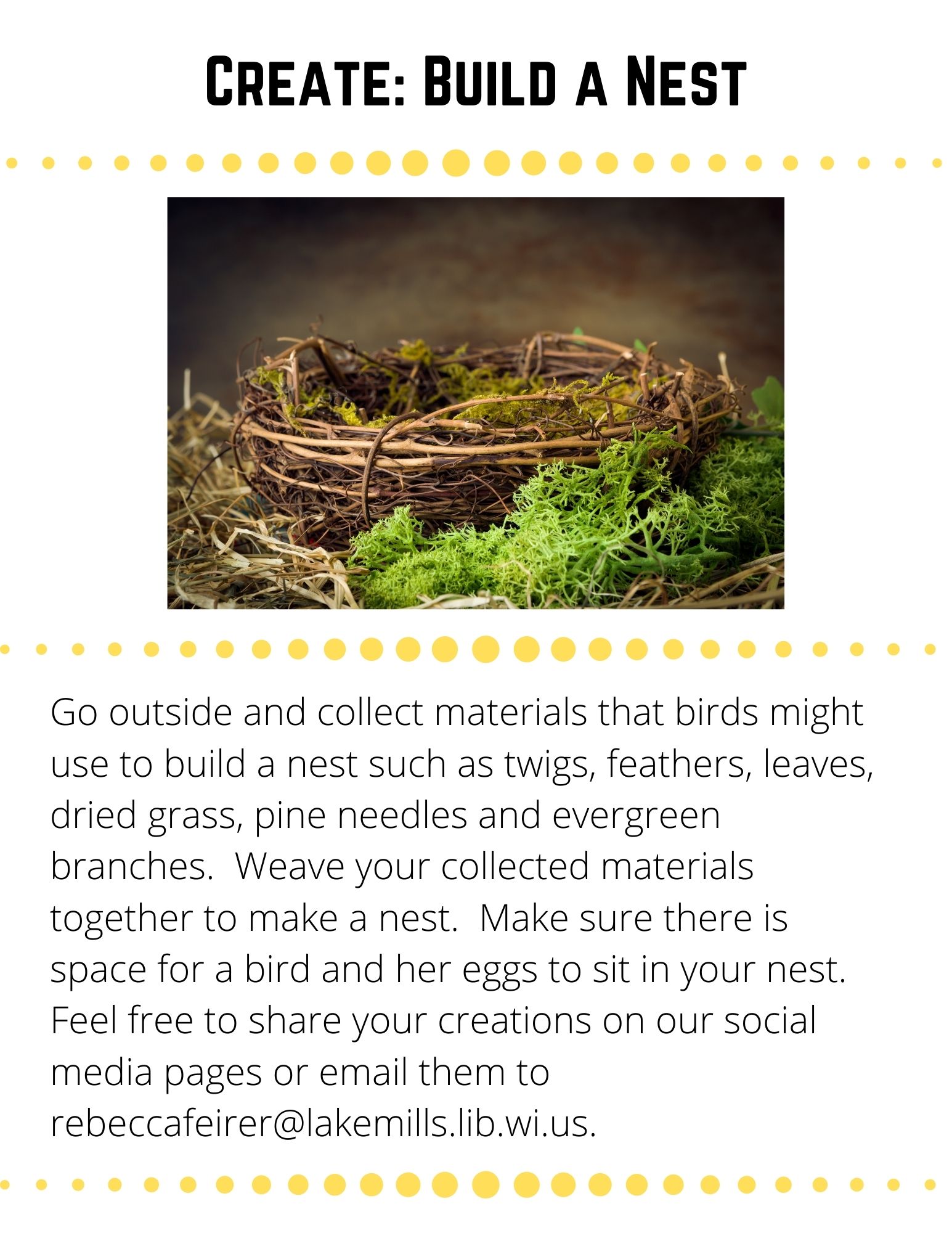 Create: Build a Nest. Go outside and collect materials that birds might use to build a nest such as twigs, feathers, leaves, dried grass, pine needles and evergreen branches.  Weave your collected materials together to make a nest.  Make sure there is space for a bird and her eggs to sit in your nest.  Feel free to share your creations on our social media pages or email them to rebeccafeirer@lakemills.lib.wi.us.