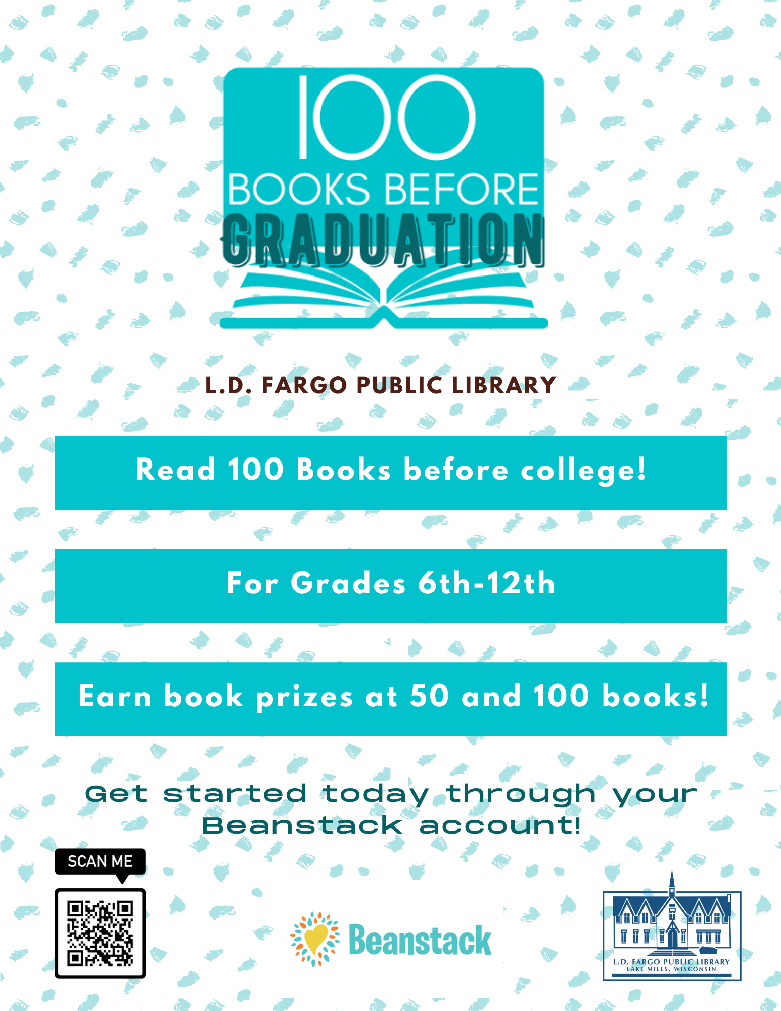 100 Books before Graduation. For Grades 6th-12th Earn book prizes at 50 and 100 books! Get started on beanstack today!