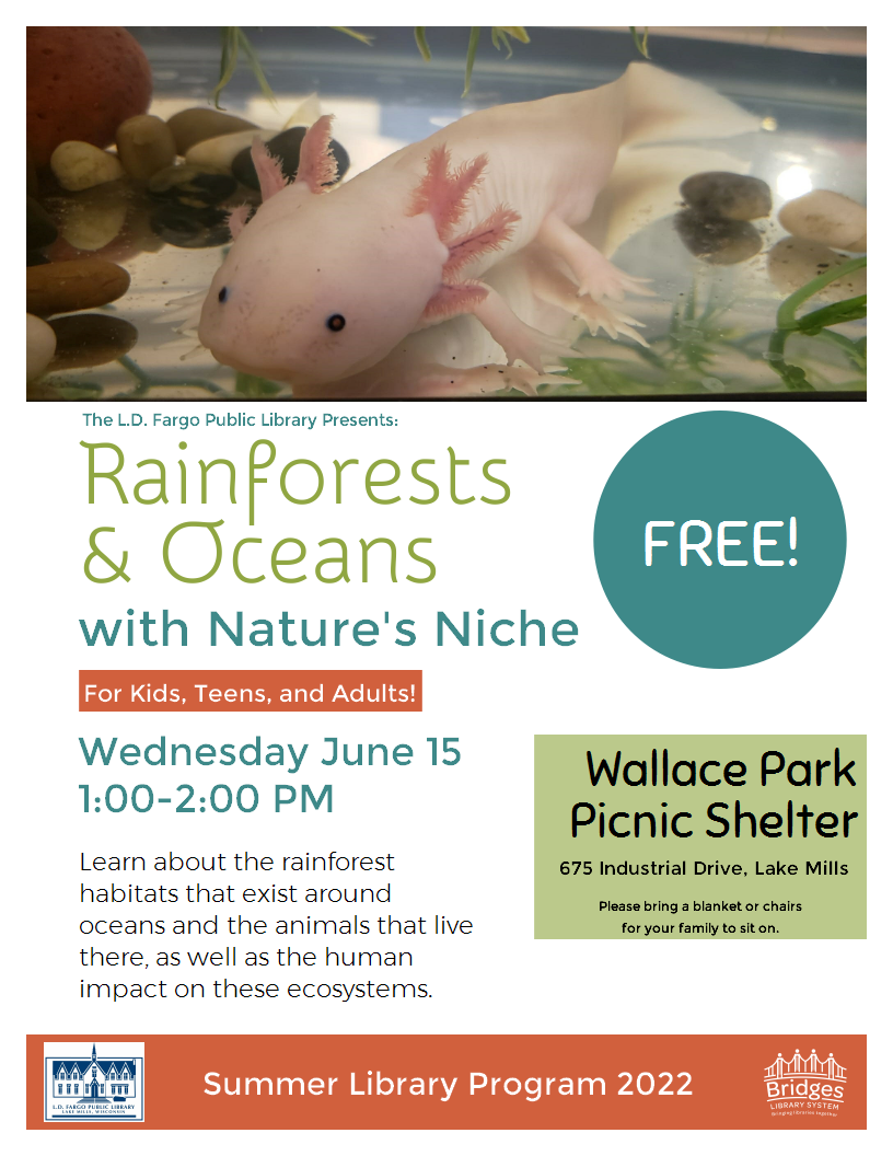 Rainforests and Oceans with Nature's Niche.  Wednesday June 15, 1:00-2:00 PM.  Wallace Park.