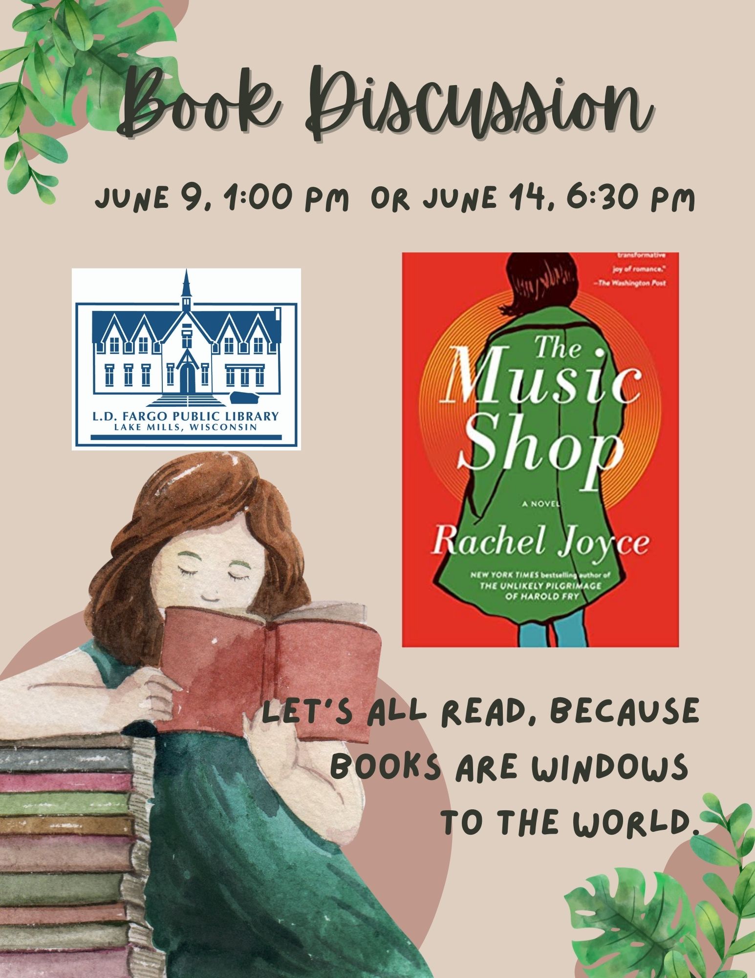Book Discussion.  June 9, 1:00 pm  or june 14, 6:30 pm. THe Music Shop by Rachel Joyce.