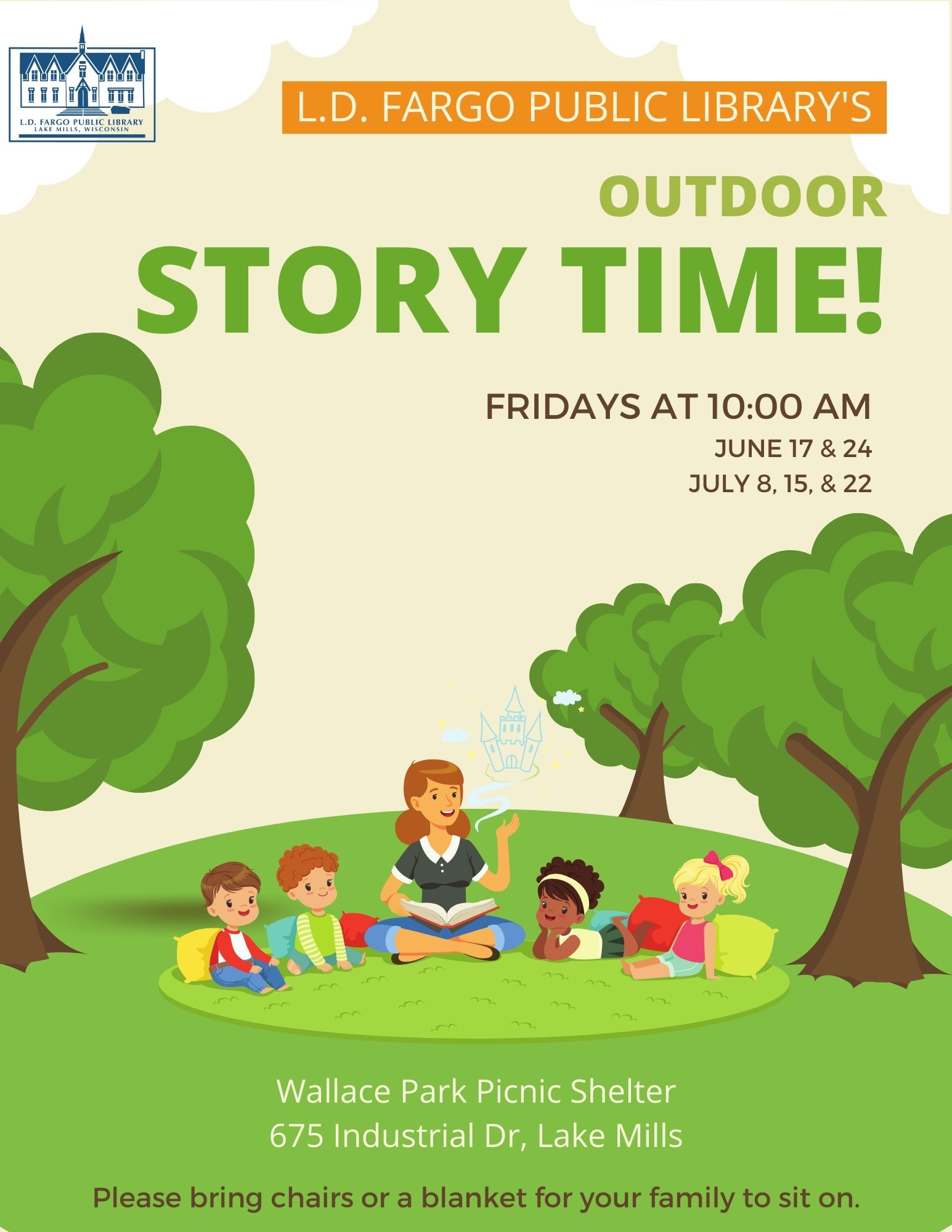 Outdoor Story Time at Wallace Park.  Fridays at 10:00 AM. June 17 & 24, July 8, 15, & 22.