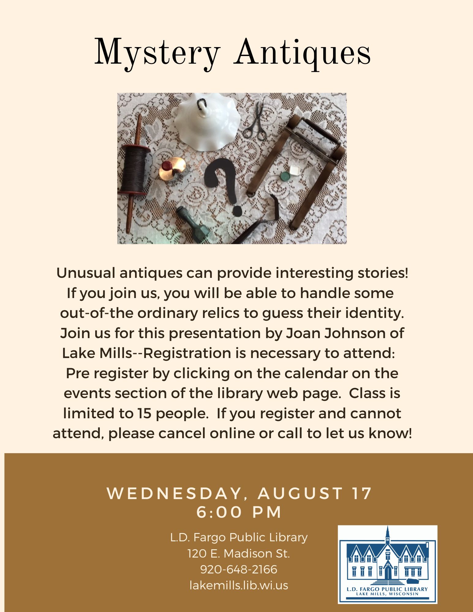 Mystery Antiques.  Wednesday August 17 at 6:00 PM.  Registration Required.