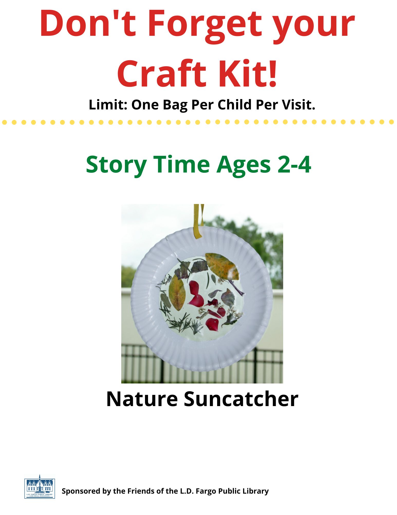 Story Time Craft Kits. Pick up a bag from the library and create your craft at home.