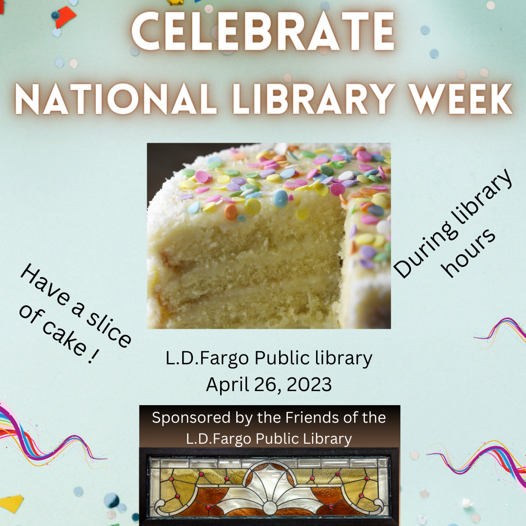 Photo of cake with sprinkles. Small photo of the old stained glass window hanging in the library.