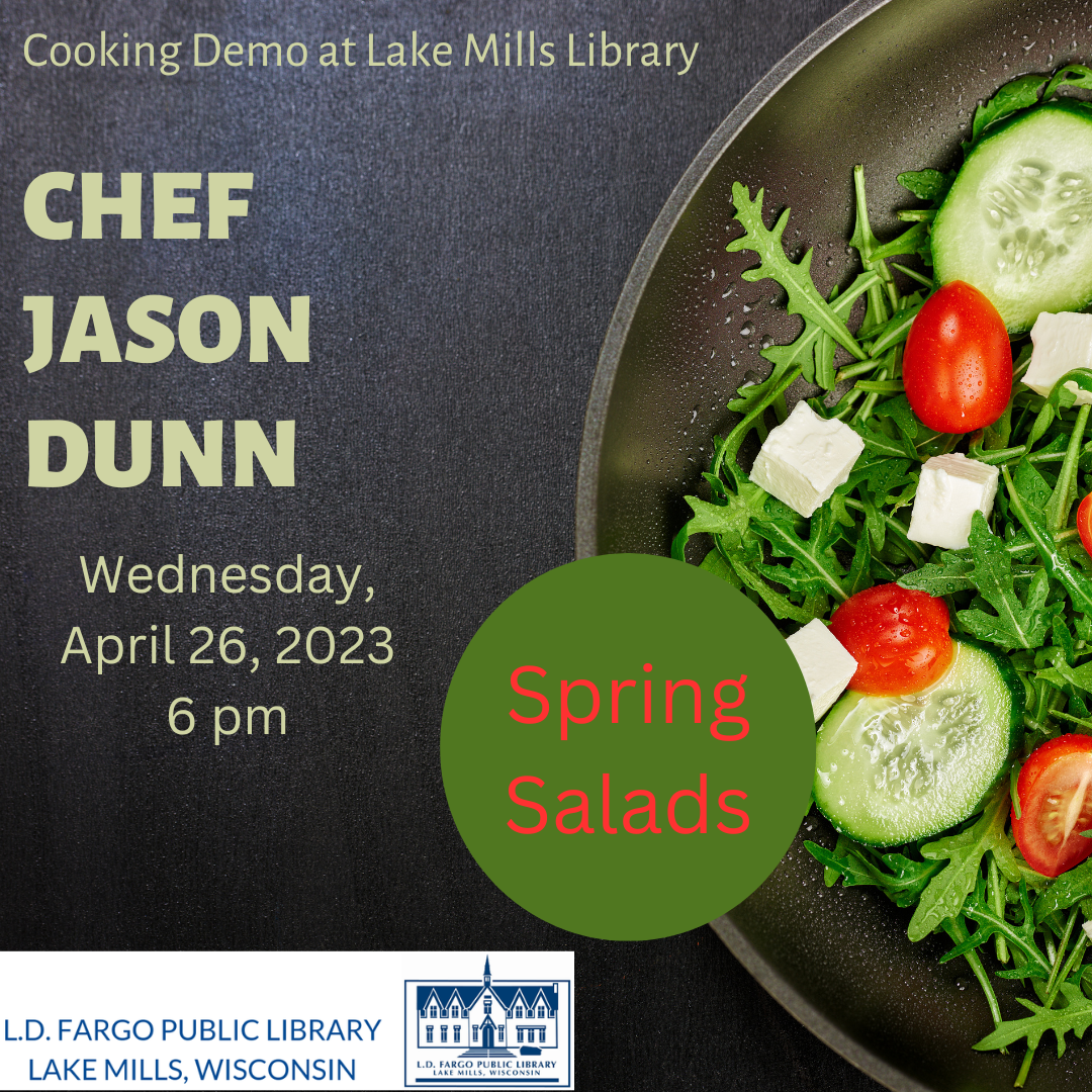 Cooking demo with Jason Dunn. April 26, 2023 at 6PM. Image is a photo of some salad. A very sparse looking and bland salad. Cannot tell if the white cubes in the salad are cheese or tofu.