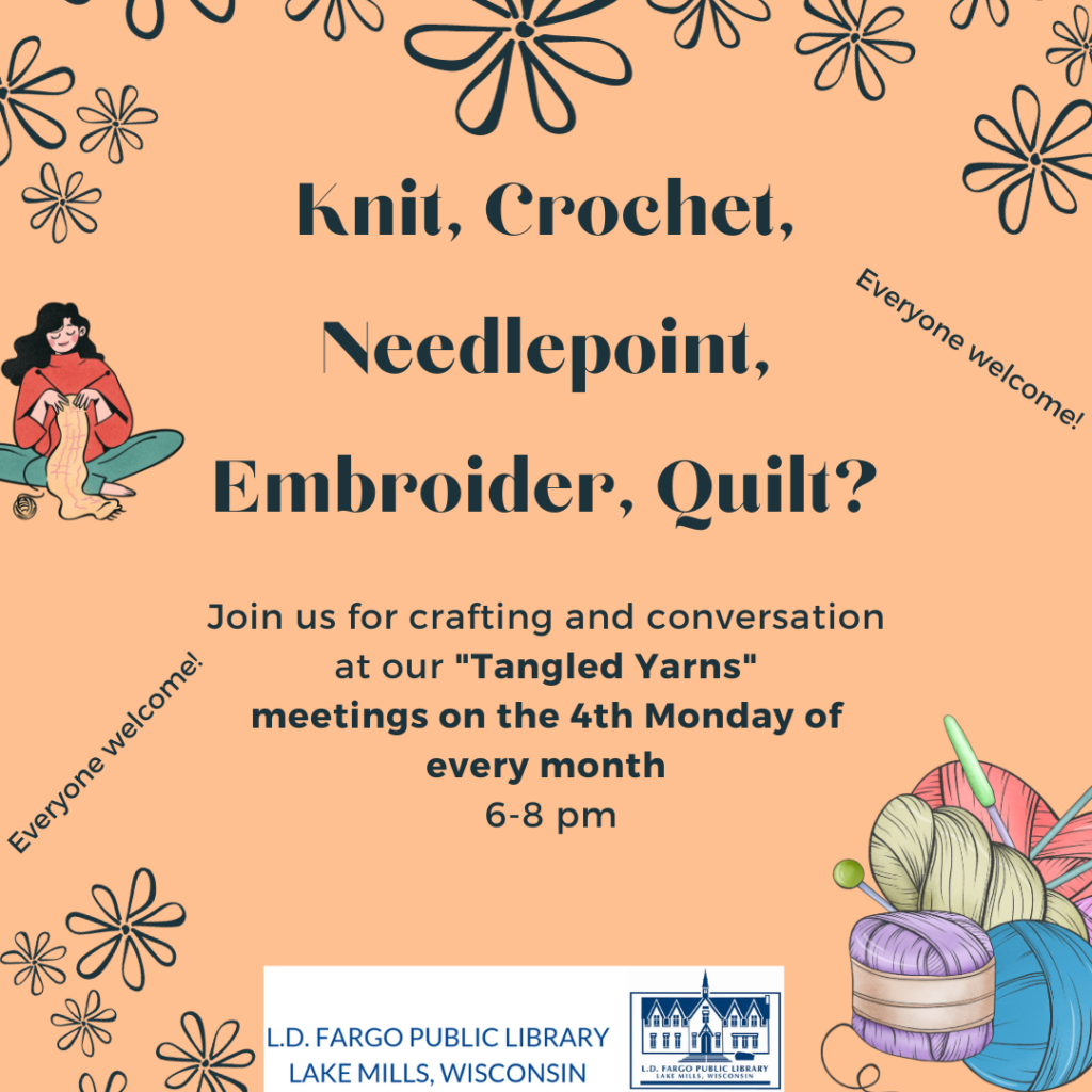 Tangled Yarns textiles club meets every fourth Monday of the month at 6PM. Crochet. Knitting. Needlepoint. Embroider.