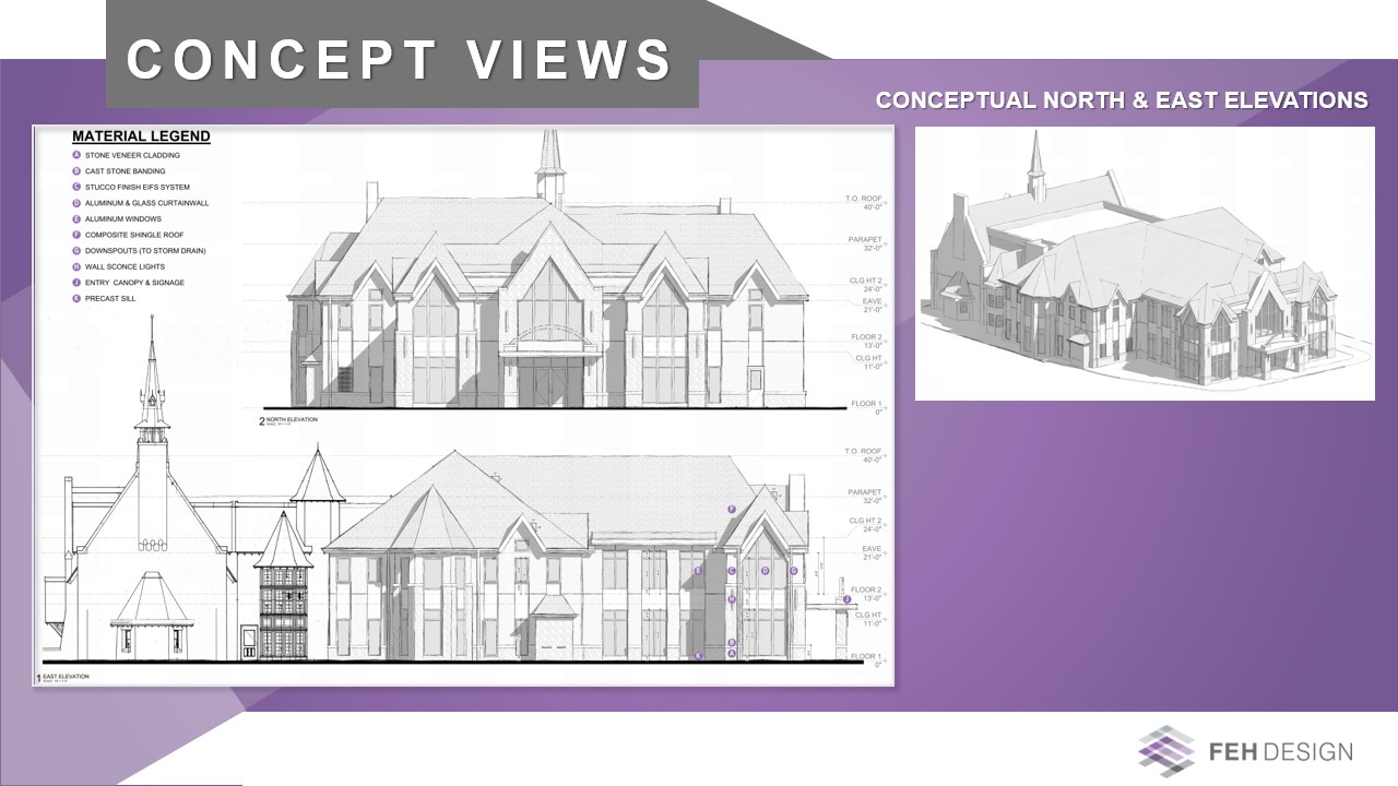 Concept views of library addition. Computer drawn images in black and white showing North and East elevations.