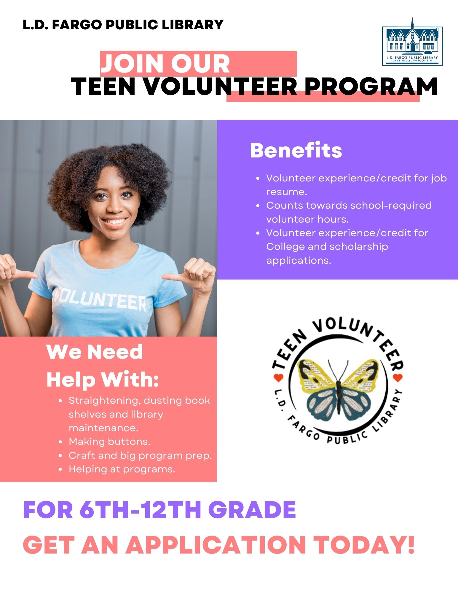 Join our Teen Volunteer Program. Grades 6th-12th Get an application today!