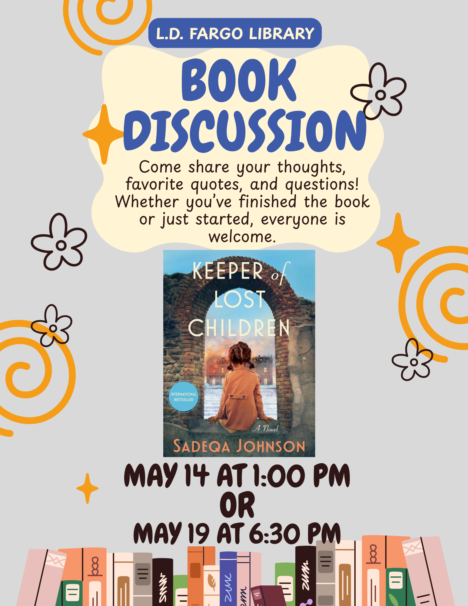 May Book Discussion.  Keeper of Lost Children by Sedeqa Johnson.  May 14 at 1:00 PM or May 19 at 6:30 pm.