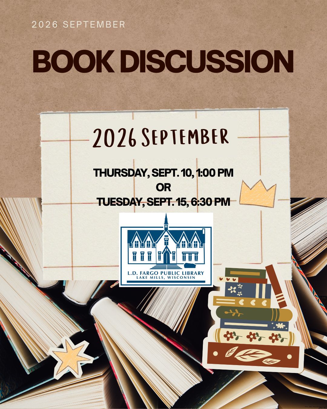 September Book Discussion.  My Friends by Fredrik Backman Thursday, Sept. 10, 1:00 pm or Tuesday, Sept. 15, 6:30 pm